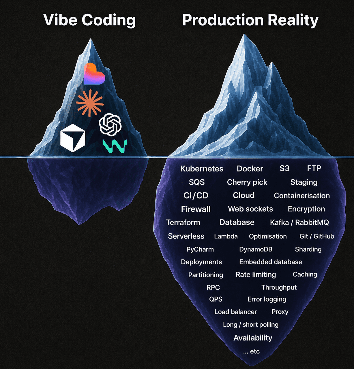 Vibe Coding vs Production Reality — an iceberg diagram